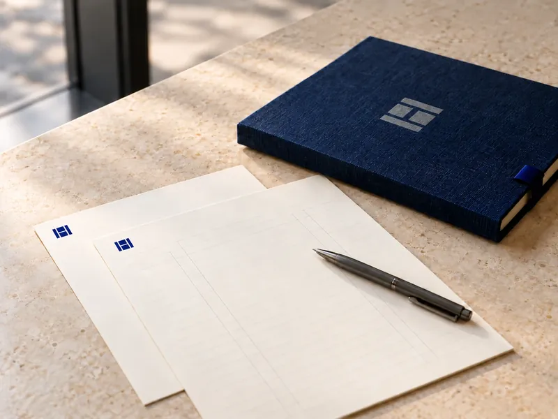 Briefpapier en een notitiemap met het Hewra-logo op een bureau